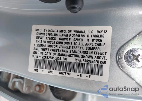 2012 Honda Civic Ex from USA, damaged, VIN 19XFB2F81CE061334